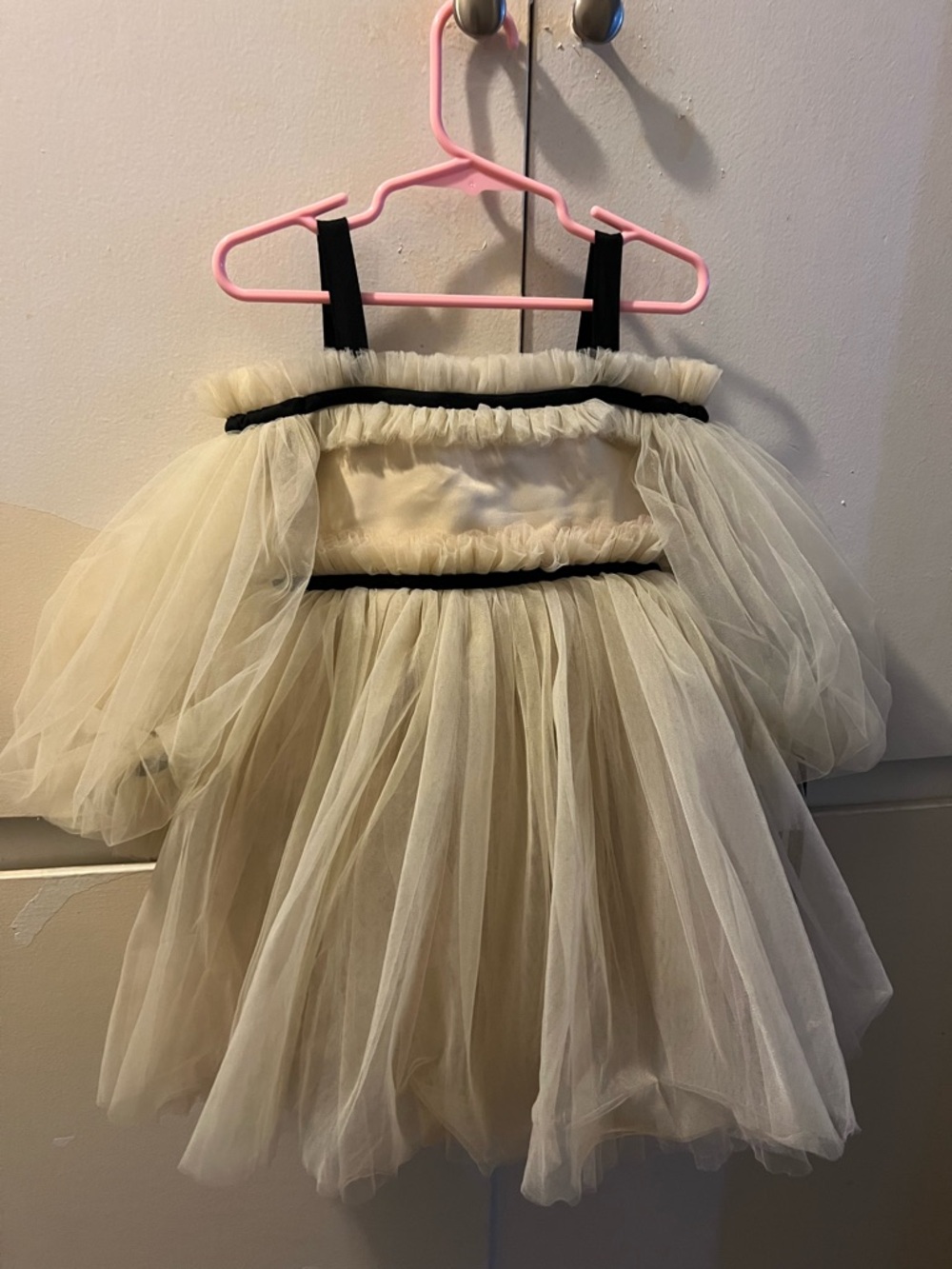 Girls Ivory Tulle Party Dress with Black Trim